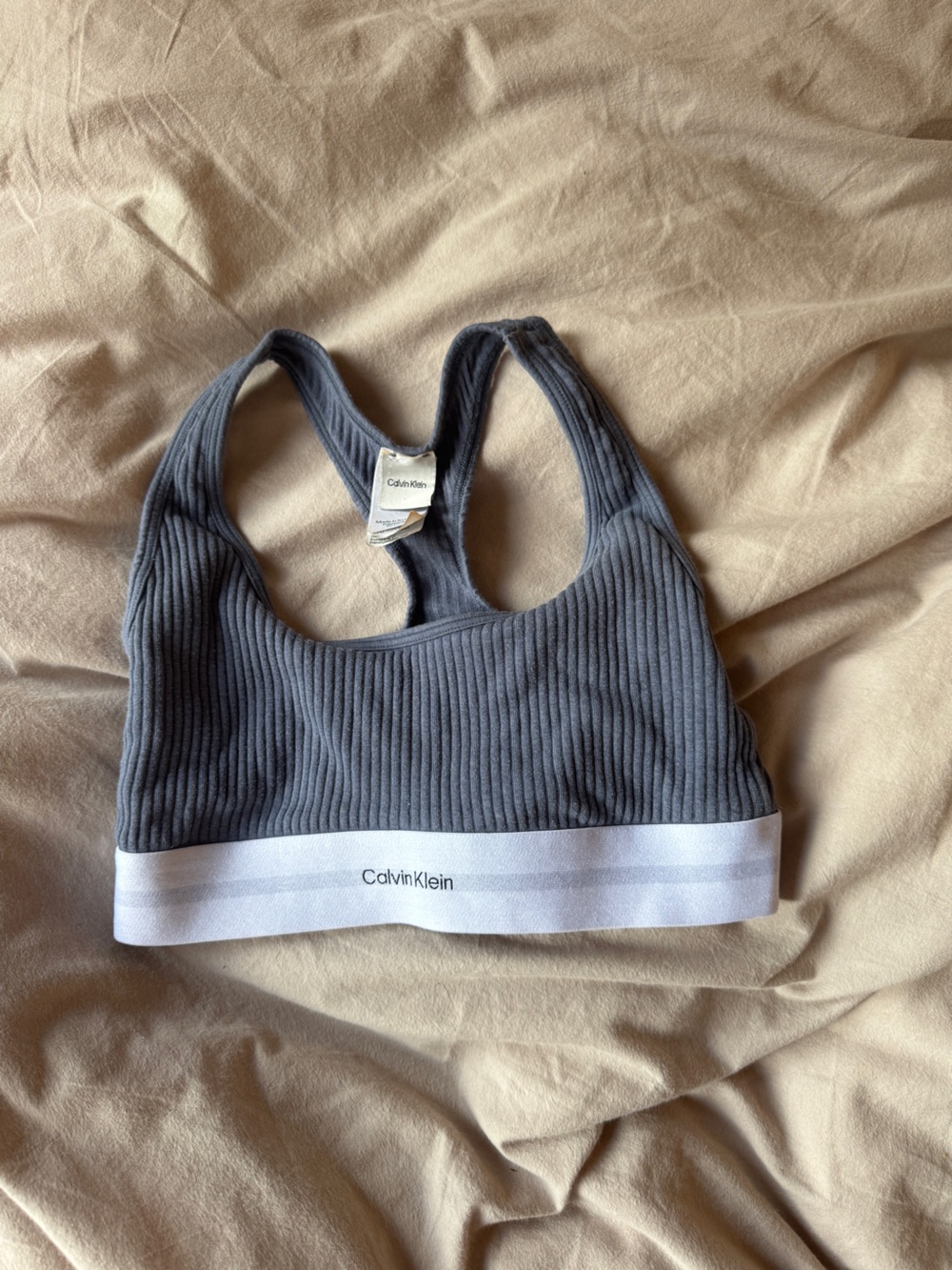 Calvin Klein Ribbed Racerback Bralette in blue gray with White Logo Band